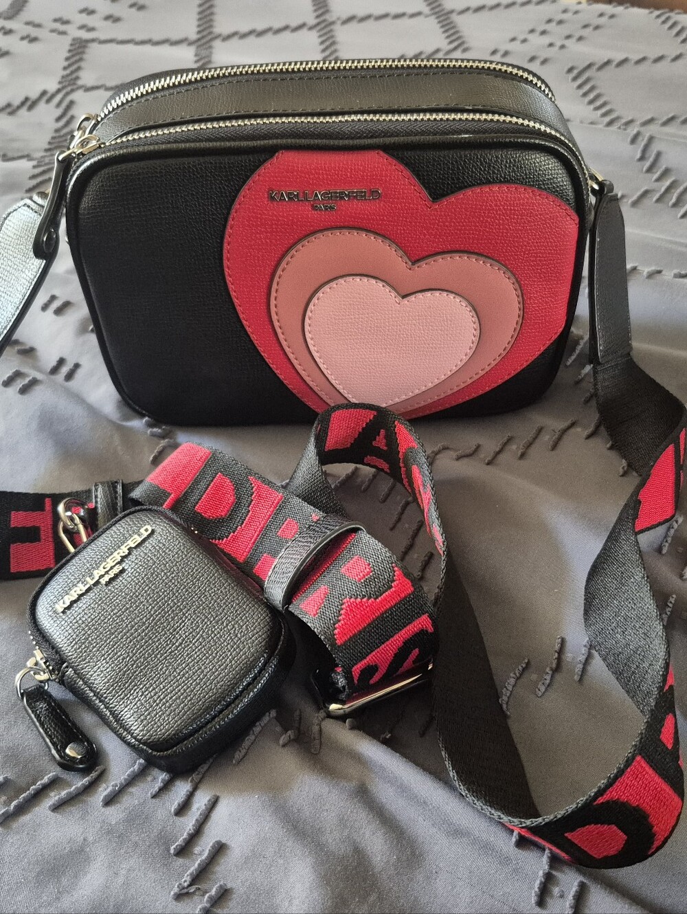Karl Lagerfeld Black Crossbody with Pink & Red Heart Appliqués